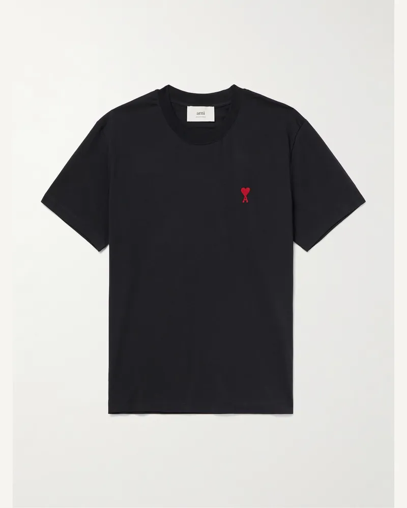 AMI Paris Logo-Embroidered Stretch Organic Cotton-Jersey T-Shirt Black
