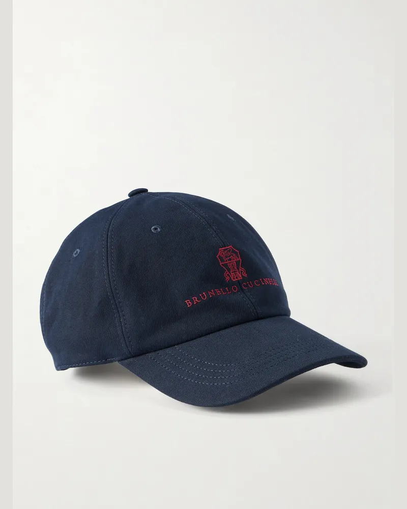 Brunello Cucinelli Logo-Embroidered Leather-Trimmed Cotton-Twill Baseball Cap Blue