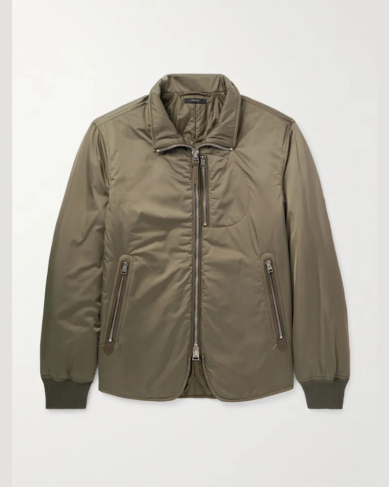 Tom Ford Bomberjacke aus wattiertem Satin mit Lederbesatz Grün