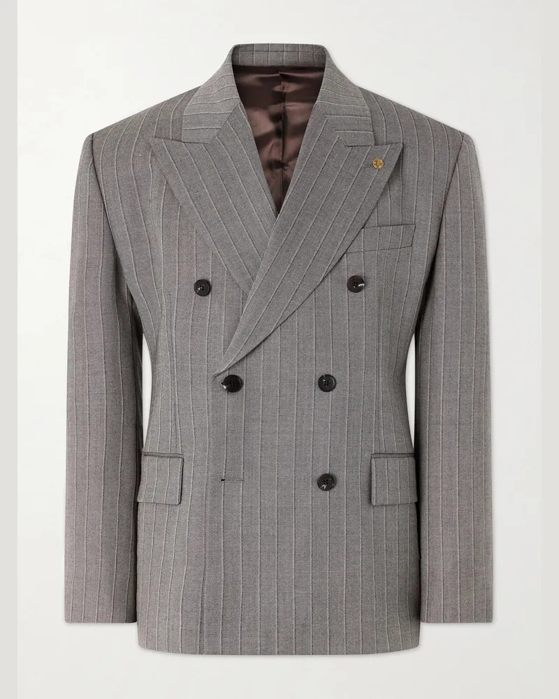 Versace Double-Breasted Pinstriped Wool-Twill Blazer Gray