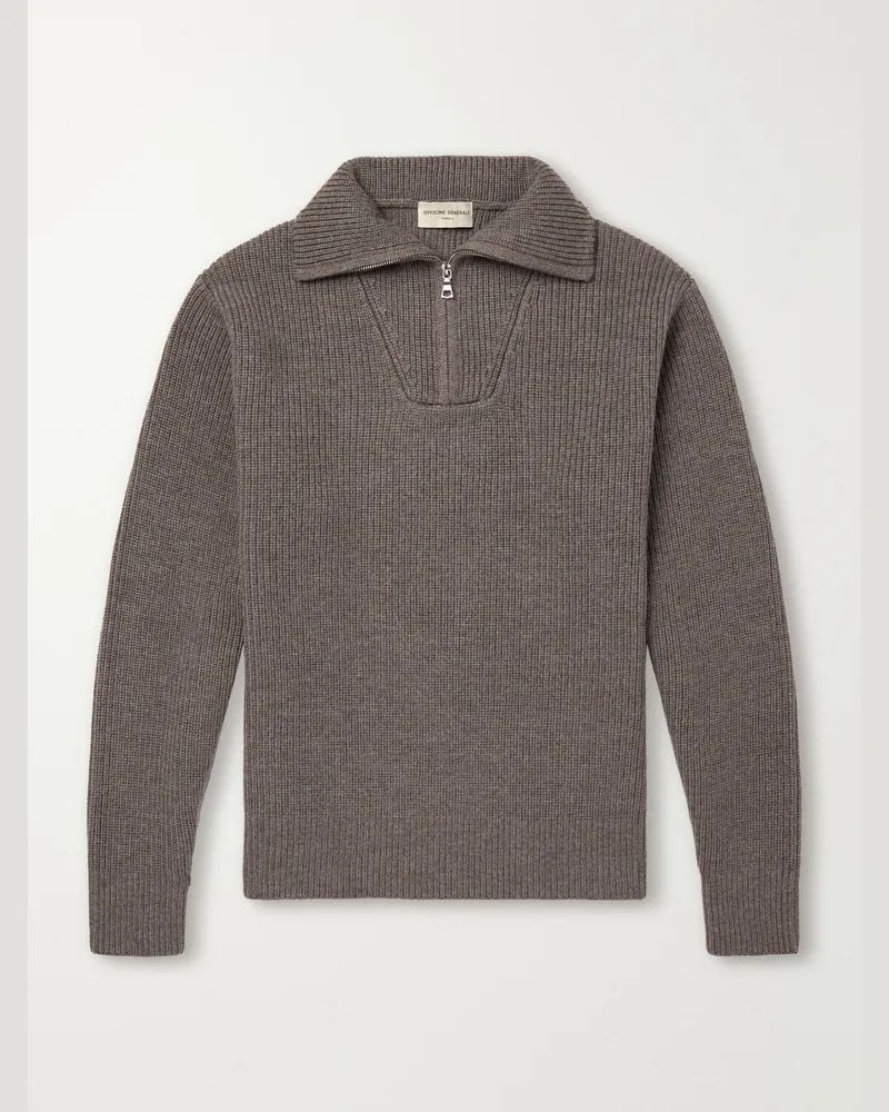 Officine Generale Tarek Ribbed Merino Wool Half-Zip Sweater Brown