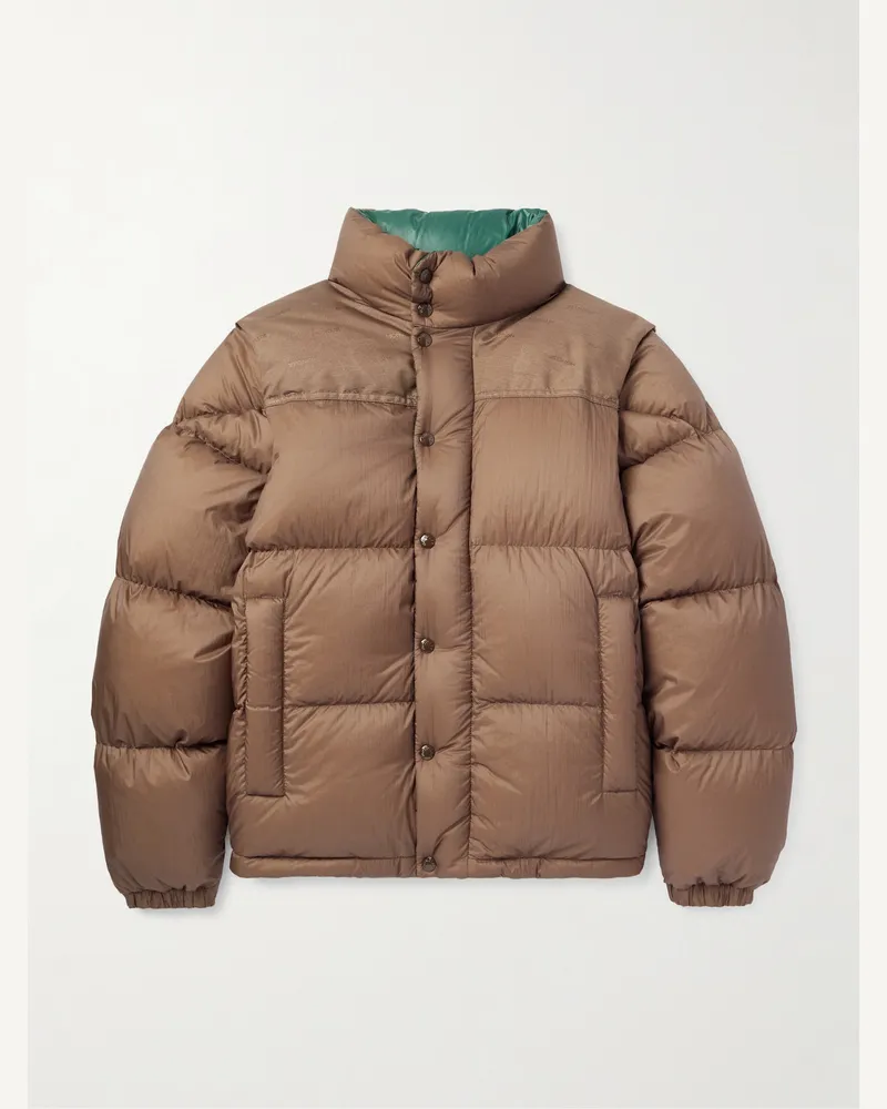 Moncler Wendbare, wandelbare Daunenjacke aus gestepptem Shell mit Canvas-Besatz Braun