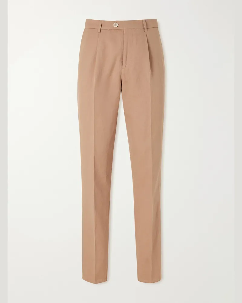 Brunello Cucinelli Straight-Leg Pleated Cotton and Linen-Blend Trousers Brown