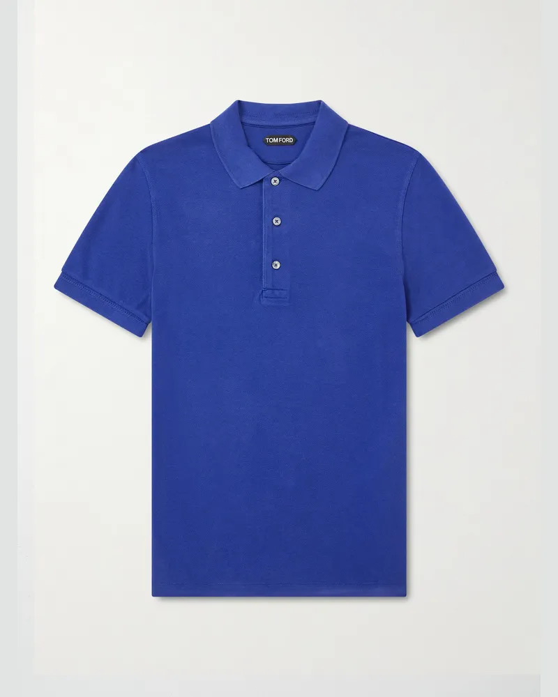 Tom Ford Slim-Fit Lyocell and Cotton-Blend Piqué Polo Shirt Blue