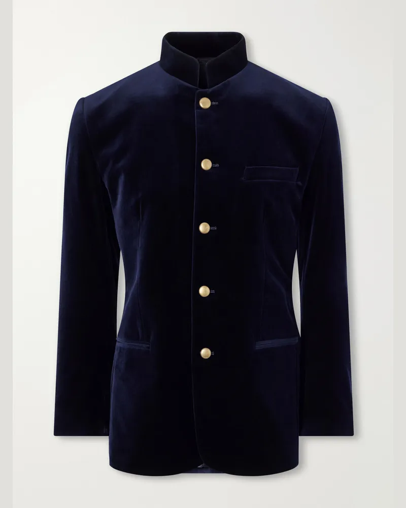 Favourbrook Nehru Cotton-Velvet Blazer Blue