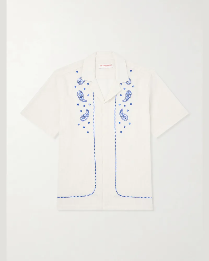 Orlebar Brown Maitan Camp-Collar Embroidered Cotton Shirt Neutrals