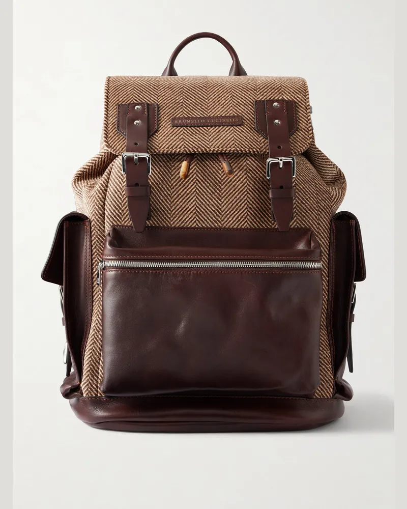 Brunello Cucinelli Leather-Trimmed Herringbone Canvas Backpack Brown