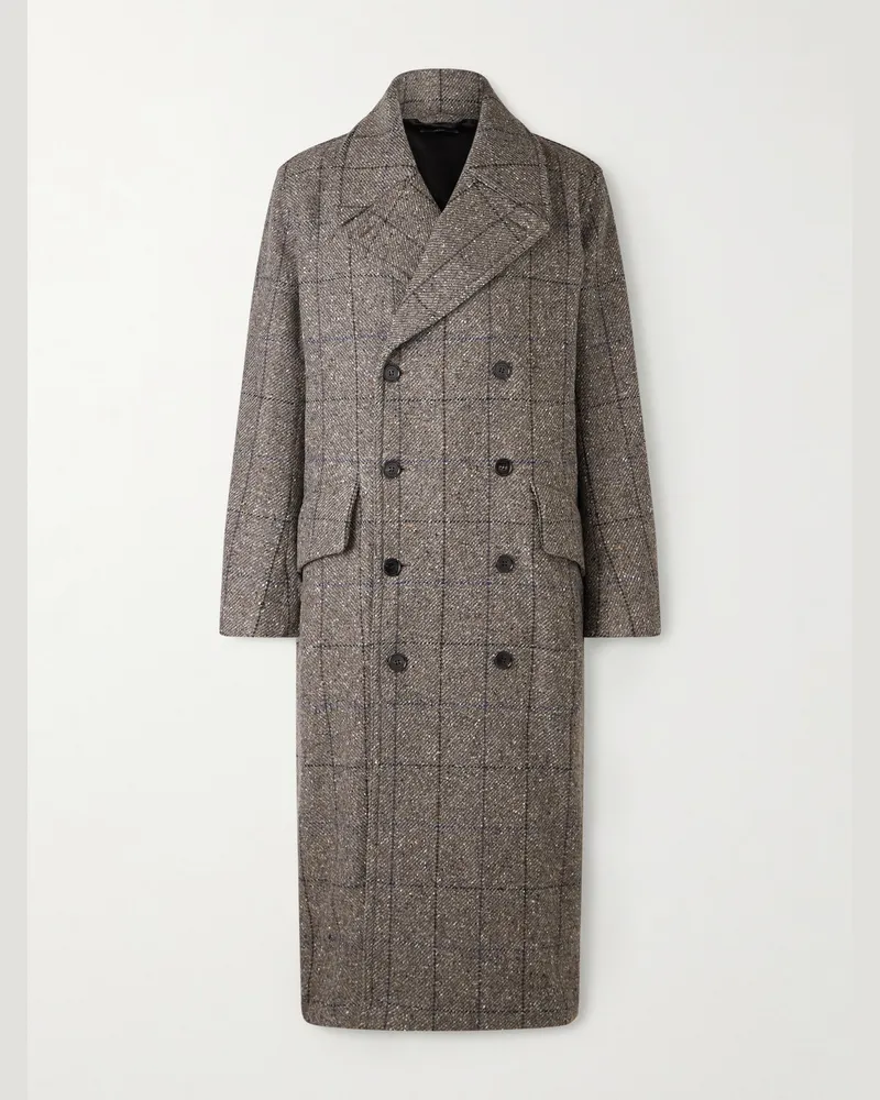 Dunhill Double-Breasted Checked Wool and Cashmere-Blend Twill Overcoat Brown