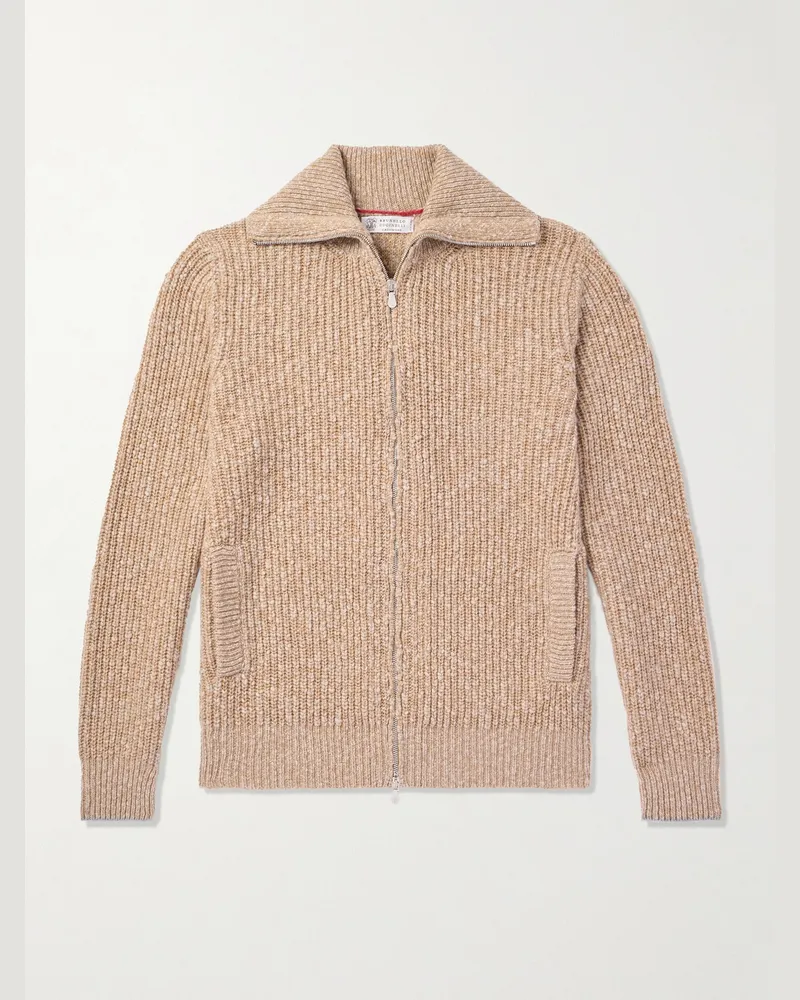 Brunello Cucinelli Cardigan aus einer Woll-Kaschmirmischung in Rippstrick mit Reißverschluss Braun