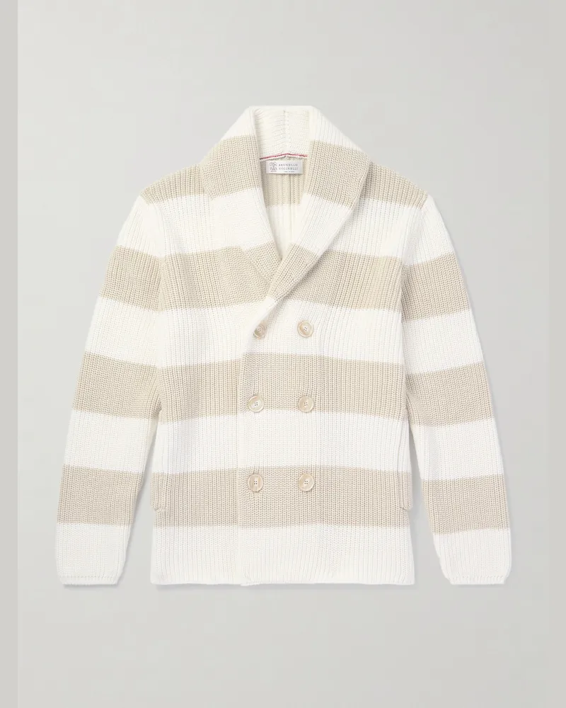 Brunello Cucinelli Schmal geschnittener doppelreihiger Cardigan aus Baumwolle mit Streifen und Schalkragen Neutral