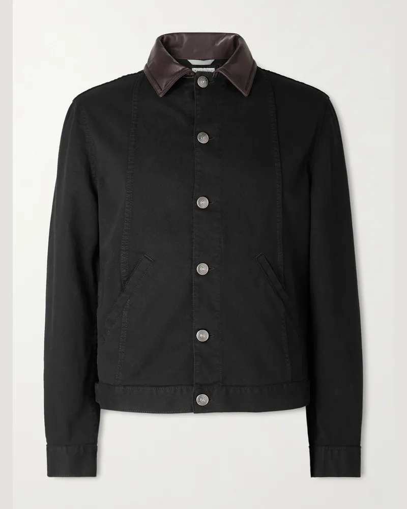 Brunello Cucinelli Leather-Trimmed Denim Jacket Black