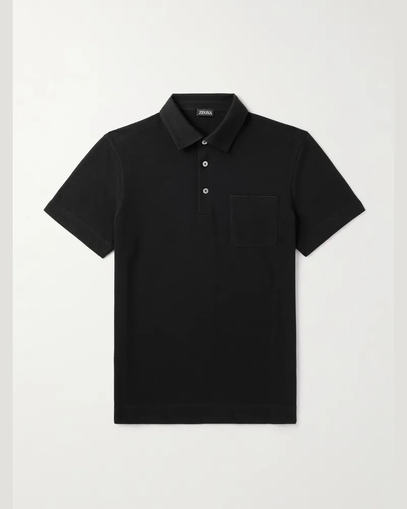 Ermenegildo Zegna Schmal geschnittenes Polohemd aus Baumwoll-Piqué mit Lederbesatz Schwarz