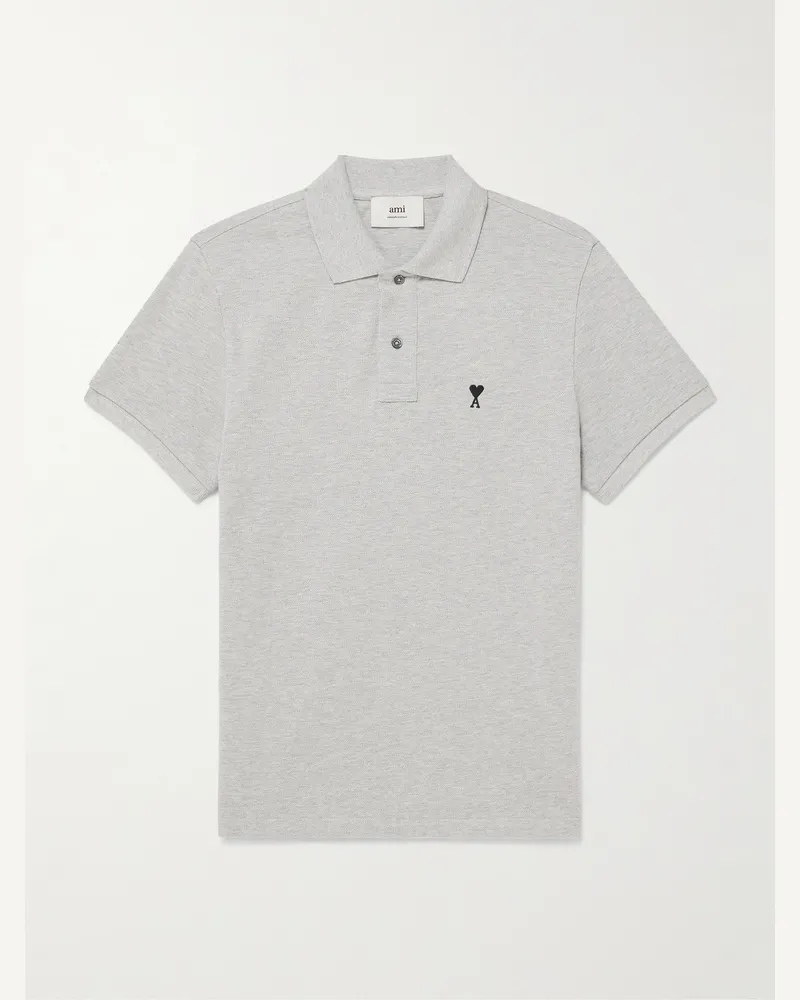 AMI Paris Logo-Embroidered Organic Cotton-Piqué Polo Shirt Gray