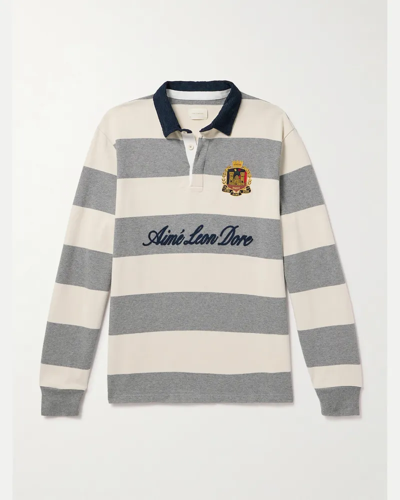 Aimé Leon Dore Rugby-Oberteil aus gestreiftem Baumwoll-Jersey mit Logoflockdruck, Stickerei und Cordbesatz Neutral
