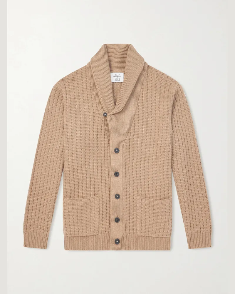 N.Peal Hollywood Authentic The Icon Shawl Ribbed Organic Cashmere Cardigan Neutrals