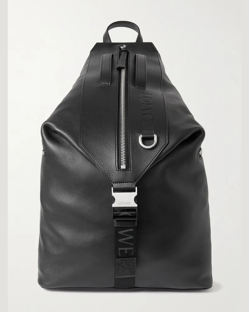 Loewe Convertible Logo-Debossed Mesh-Trimmed Leather Backpack Black