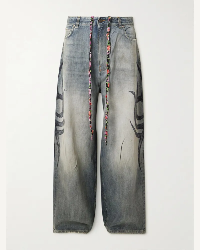 Balenciaga Y2K Wide-Leg Distressed Printed Jeans Blue