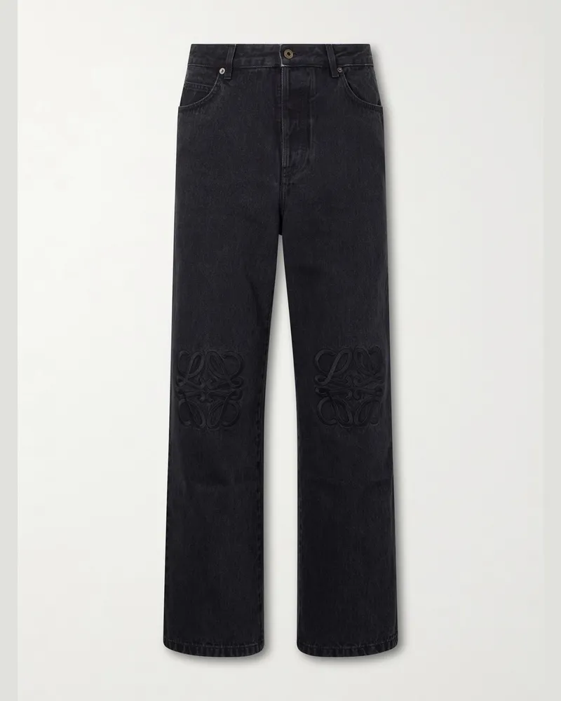 Loewe Wide-Leg Anagram-Embroidered Jeans Black