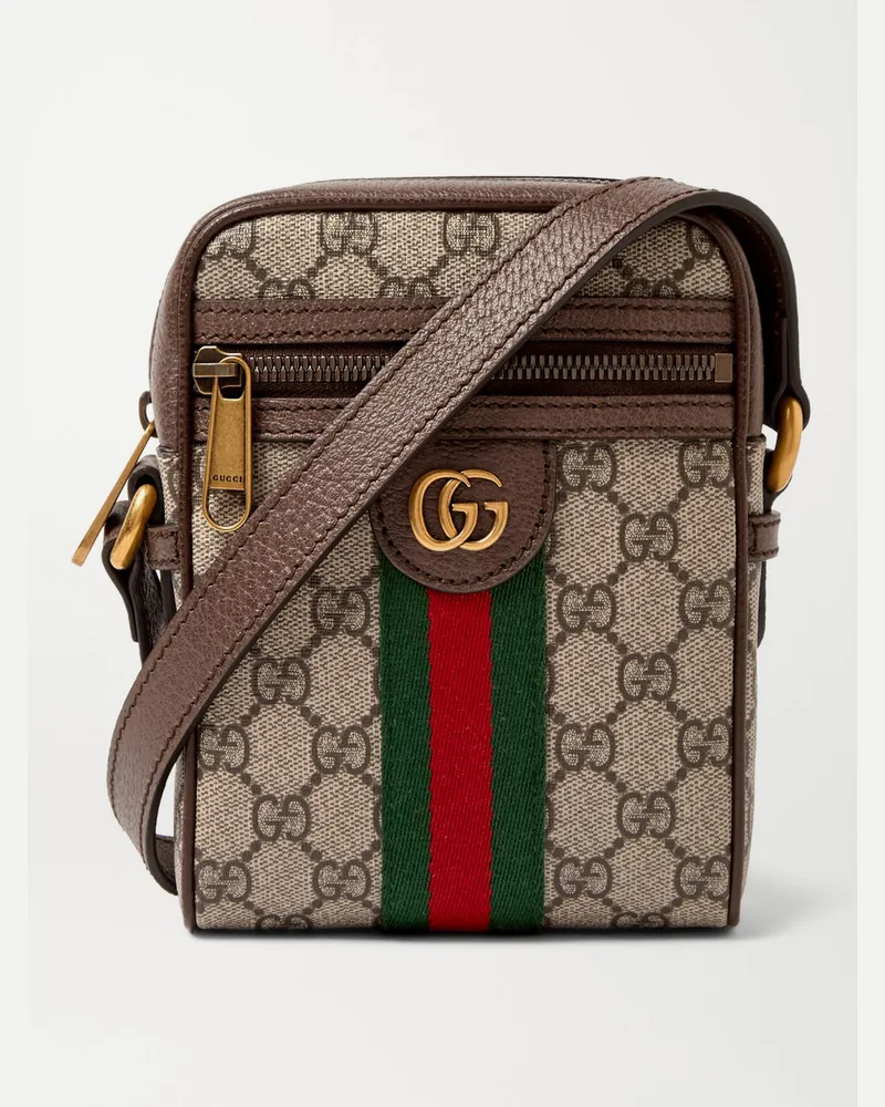 Gucci Ophidia mini Umhängetasche aus beschichtetem Canvas mit Lederbesatz und Monogramm Braun