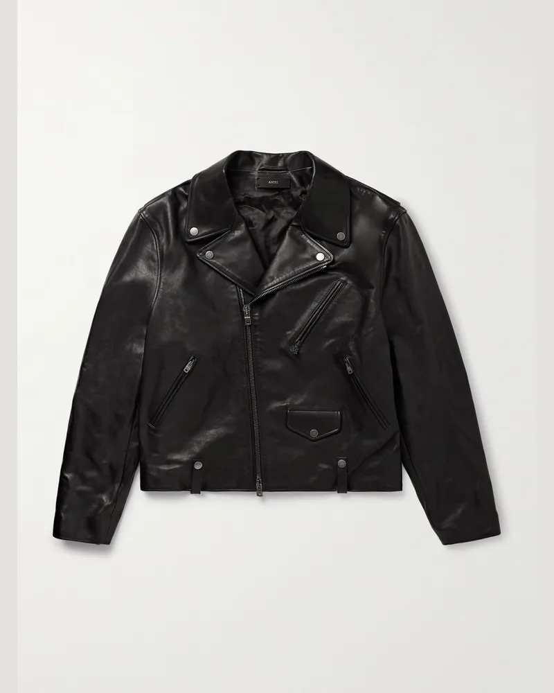 Amiri Hollywood verkürzte Bikerjacke aus Leder mit Logoapplikation Schwarz