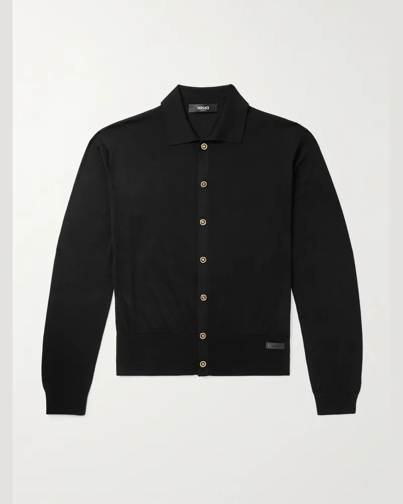 Versace Cardigan aus einer Seiden-Baumwollmischung mit Logoapplikation Schwarz