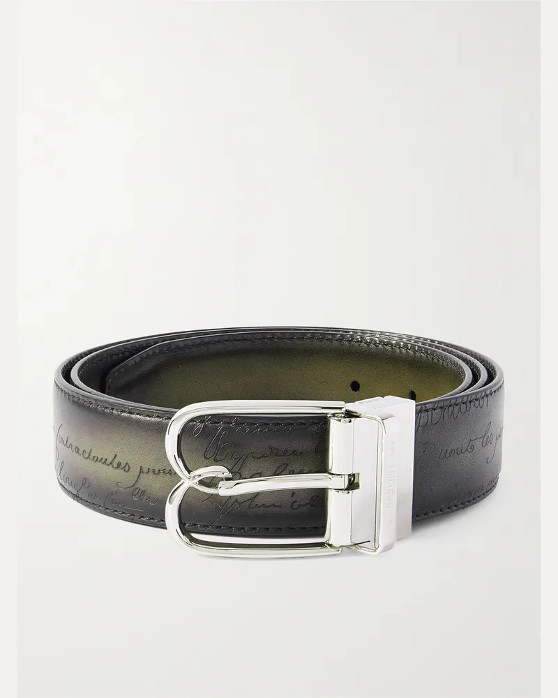 Berluti Reversible Burnished-Leather Belt Green