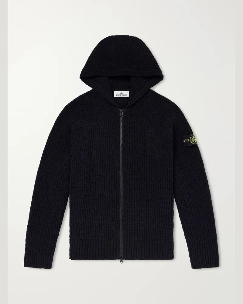 Stone Island Ribbed Cotton-Blend Bouclé Zip-Up Hoodie Black
