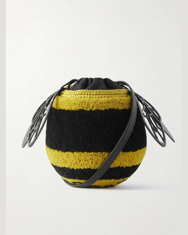 Loewe Paula's Ibiza Beuteltasche aus gestreiftem Raffiabast mit Lederbesatz Schwarz