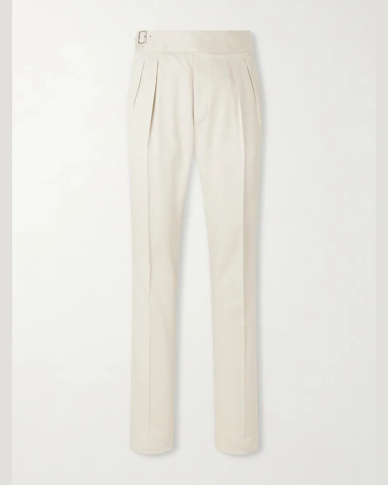 Ralph Lauren Straight-Leg Pleated Silk-Gabardine Trousers Neutrals