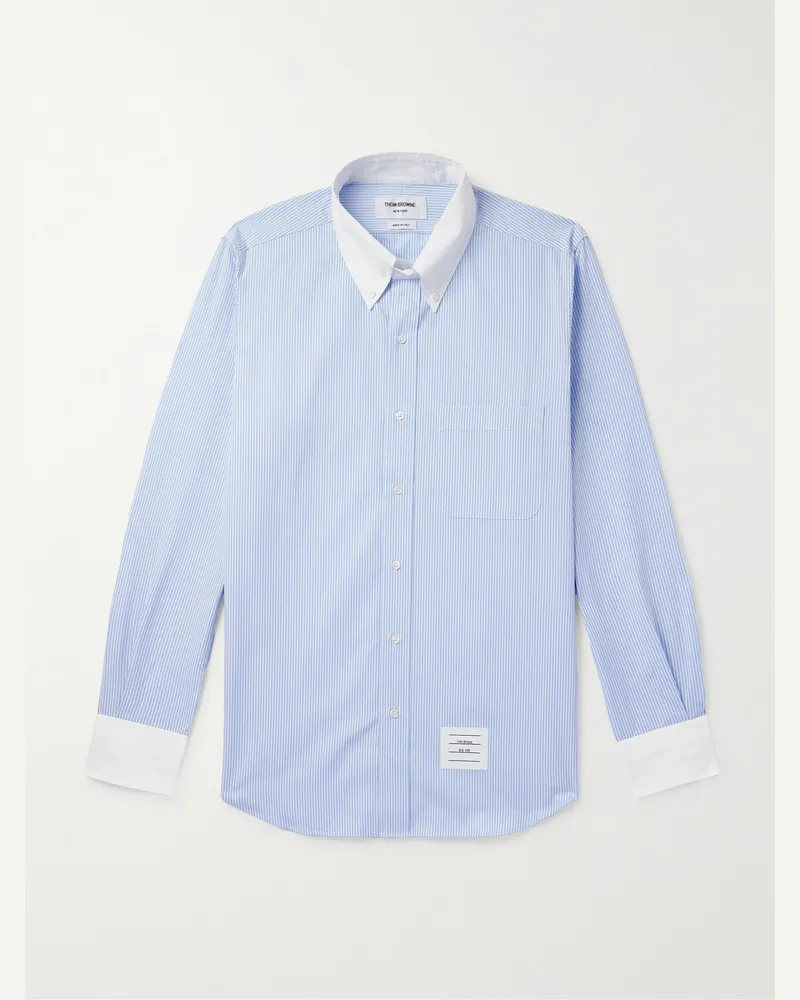 Thom Browne Gestreiftes Hemd aus Baumwollpopeline mit Button-Down-Kragen und Logoapplikation Blau