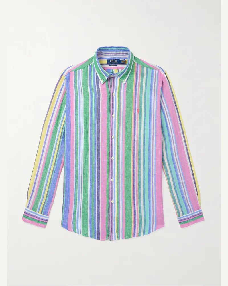 Ralph Lauren Gestreiftes Hemd aus Leinen mit Button-Down-Kragen und Logostickerei Blau