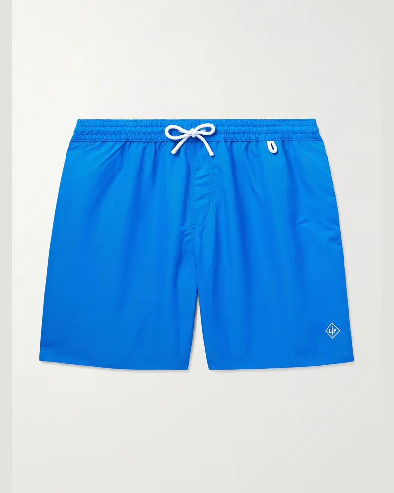 Loro Piana Bay gerade geschnittene mittellange Badeshorts mit Logoprint Blau