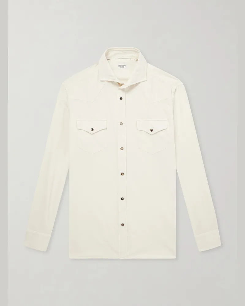 Brunello Cucinelli Cutaway-Collar Cotton-Corduroy Western Shirt White