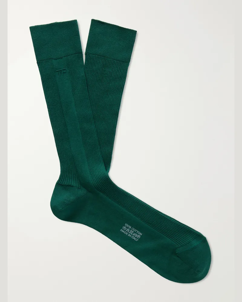 Tom Ford Logo-Embroidered Ribbed Cotton Socks Green