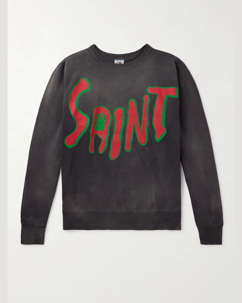 SAINT MXXXXXX Distressed Logo-Print Cotton-Jersey Sweatshirt Gray