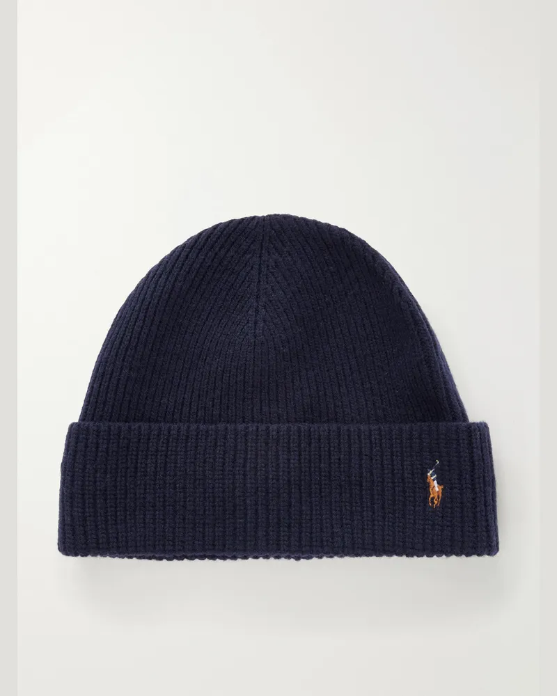Ralph Lauren Logo-Embroidered Wool-Blend Beanie Blue