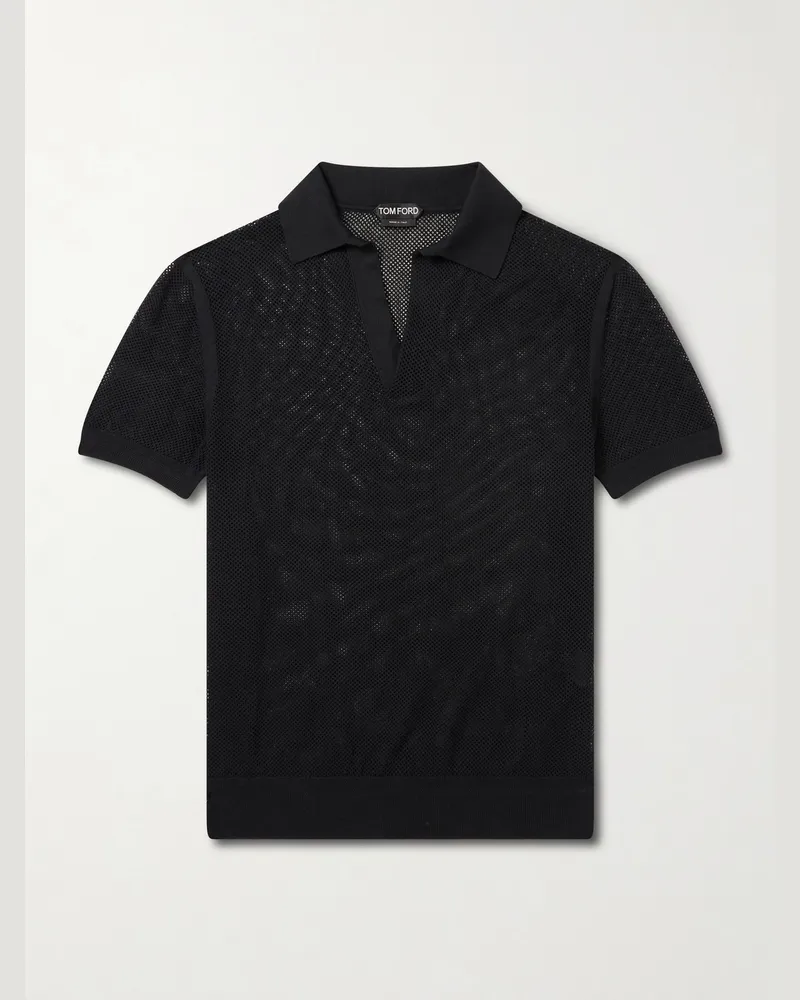 Tom Ford Open-Knit Sea Island Cotton and Silk-Blend Polo Shirt Black