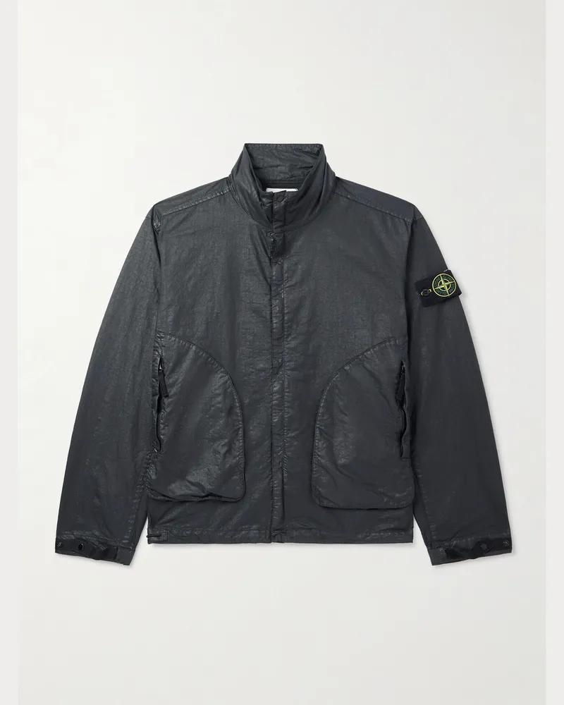 Stone Island Jacke aus „Panama-TC“-Material mit Logoapplikation in Stückfärbung Schwarz