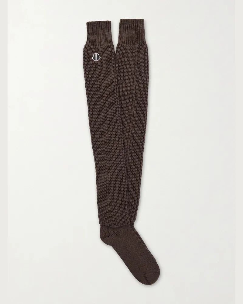 Rick Owens Moncler Logo-Appliquéd Ribbed Cotton Socks Brown