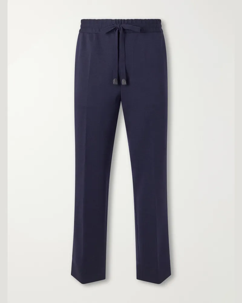 Brioni Straight-Leg Leather-Trimmed Wool Sweatpants Blue