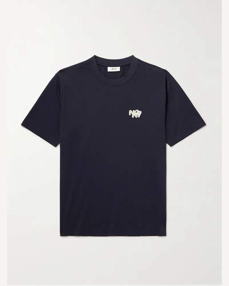 NN 07 Adam App 3209 Logo-Appliquéd Pima Cotton-Jersey T-Shirt Blue