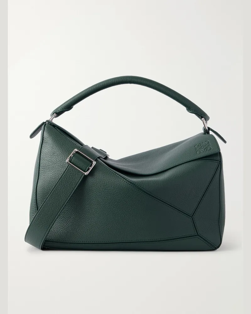 Loewe Puzzle Edge Large Logo-Debossed Full-Grain Leather Messenger Bag Green