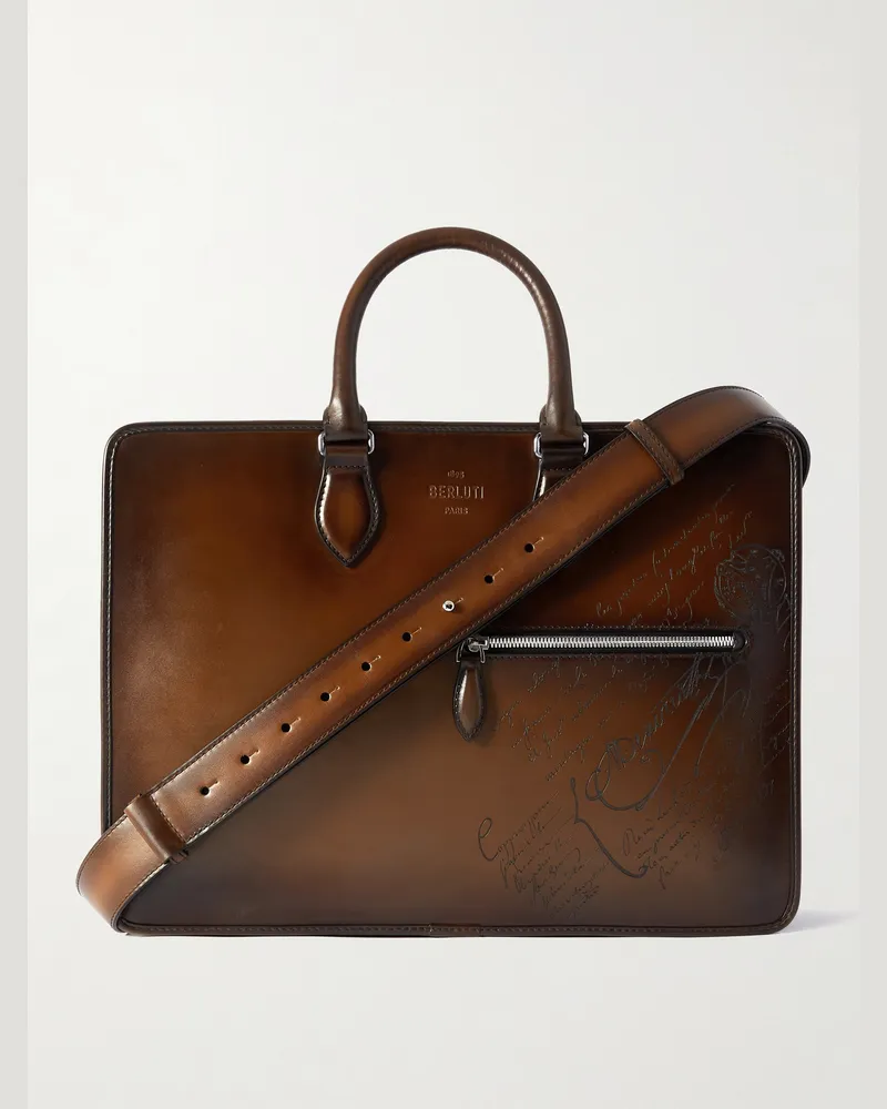 Berluti 2 Jour Neo Scritto Venezia Leather Briefcase Brown