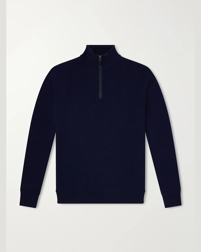 Canali Ribbed Wool and Cashmere-Blend Half-Zip Sweater Blue