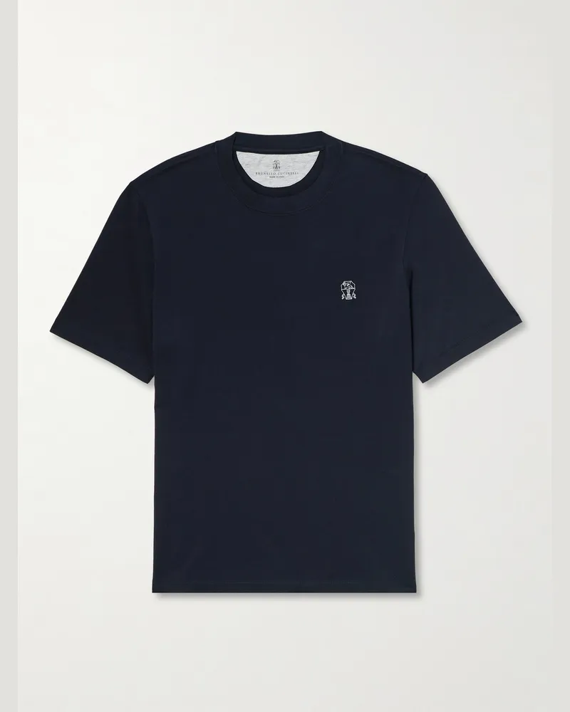 Brunello Cucinelli Mehrlagiges T-Shirt aus Baumwoll-Jersey mit Logoprint Blau