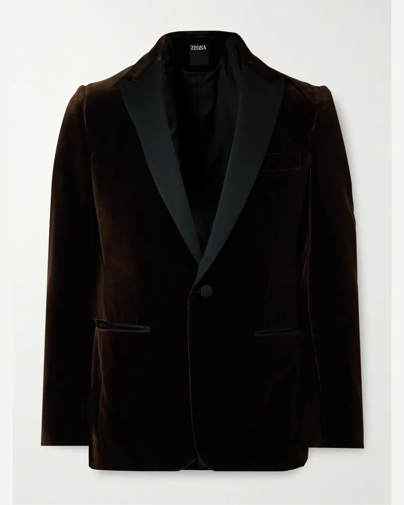 Ermenegildo Zegna Smokingjacke aus Baumwollsamt mit Satinbesatz Braun