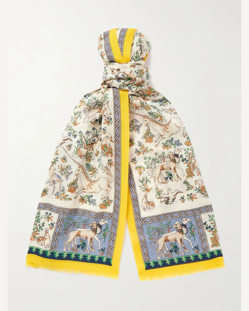 Drake's HIM Fringed Printed Wool and Silk-Blend Scarf Neutrals