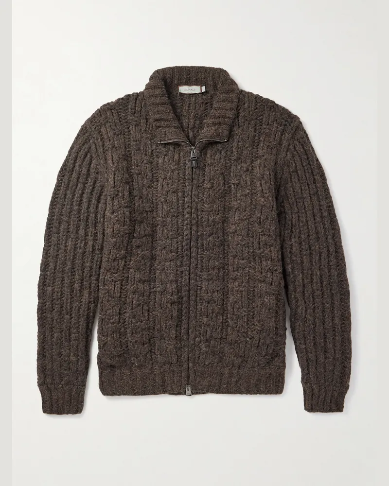 Canali Basketwoven Cardigan aus einer Alpakawollmischung mit Reißverschluss Braun