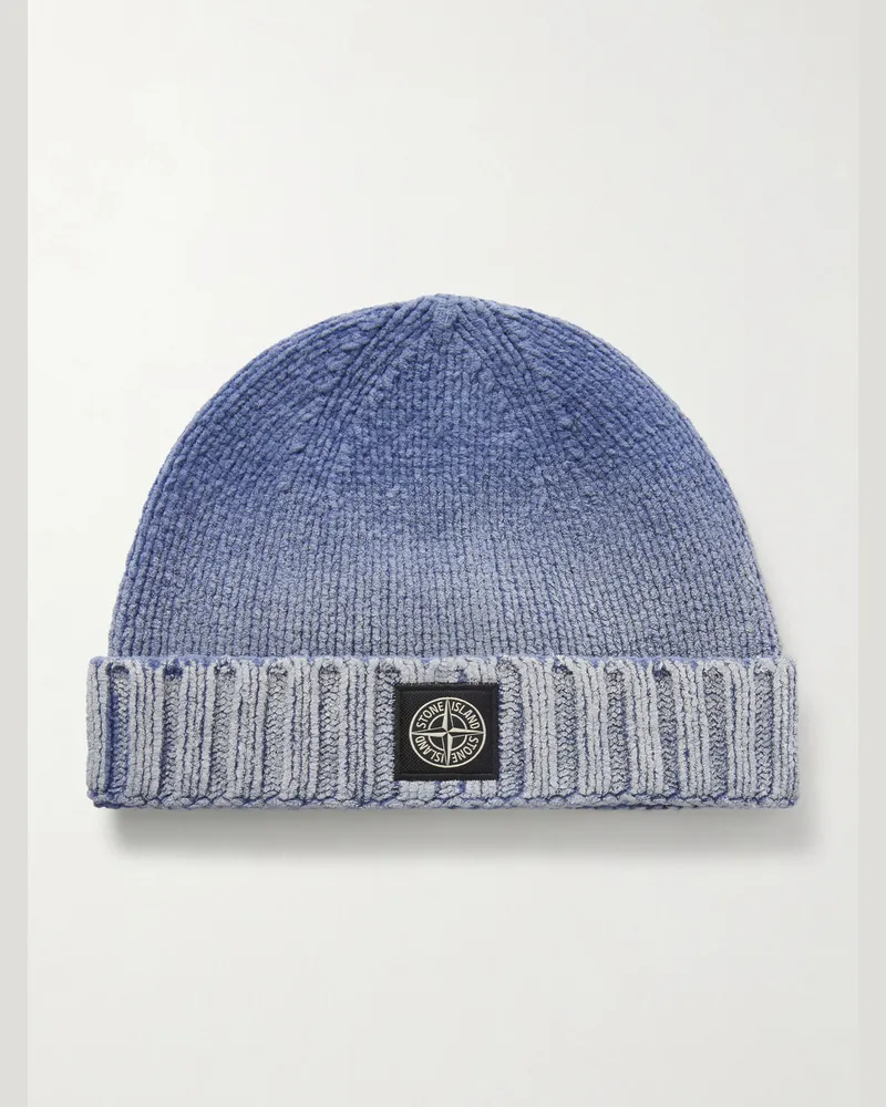 Stone Island Logo-Appliquéd Dégradé Cotton-Chenille Beanie Blue