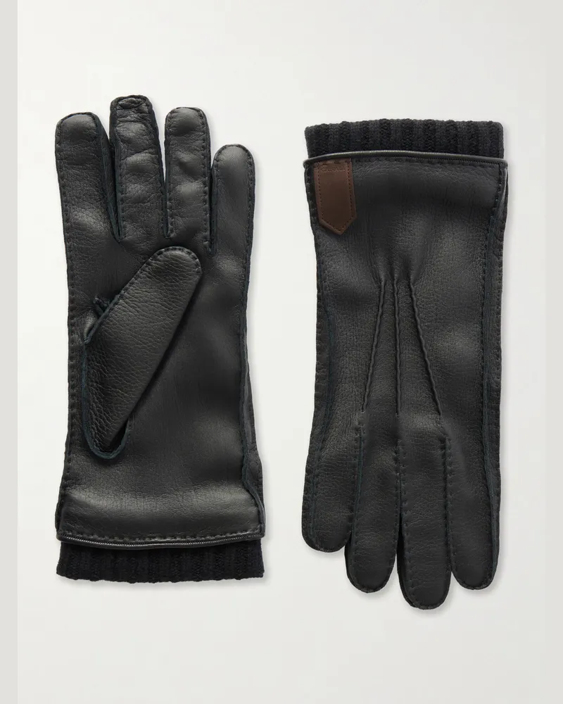 Canali Ribbed Cashmere-Trimmed Leather Gloves Black